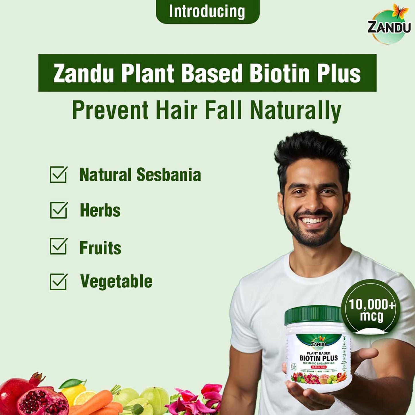 Zandu Plant Based Biotin Plus (200g)|10,000+mcg Biotin|Scientifically tested to Promote hair growth|Reduce Hairfall|100% Natural Sesbania|100% Ayurvedic | Gluten Free | No Harmful Chemicals, Powder