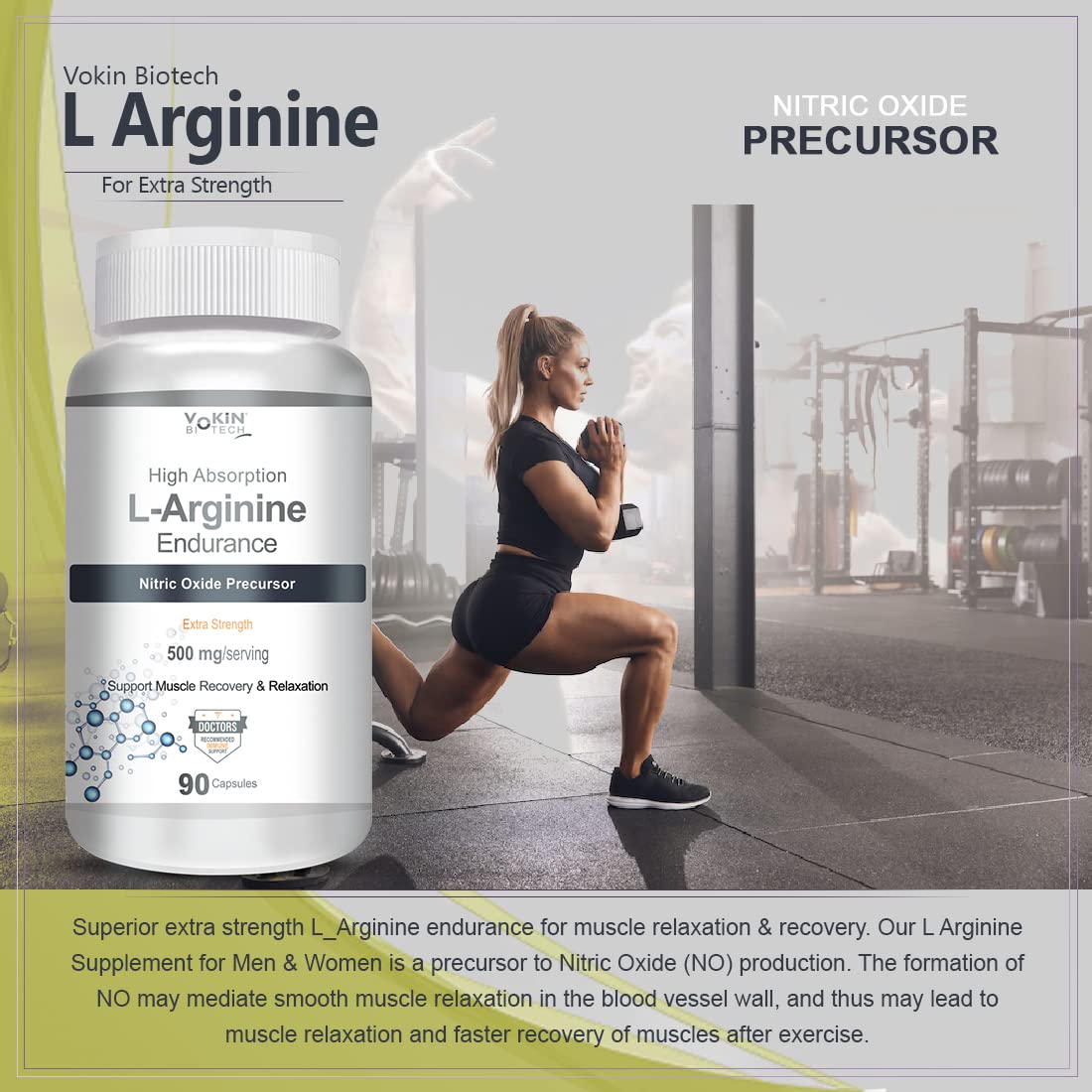 Supplement bottle labeled 'L Arginine' with a woman exercising in the background.