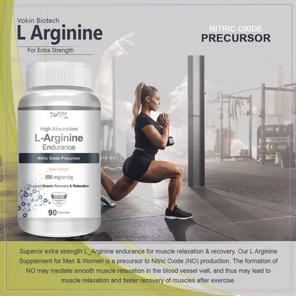 Supplement bottle labeled 'L Arginine' with a woman exercising in the background.