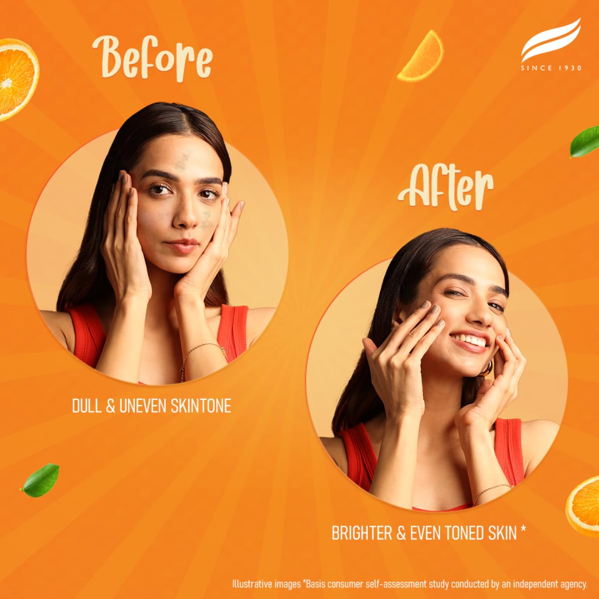 Before and after comparison of a woman's skin on an orange background with branding elements.