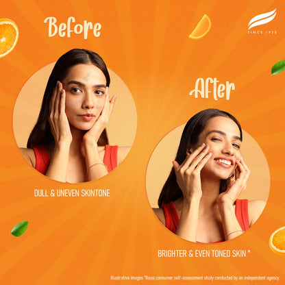 Before and after comparison of a woman's skin on an orange background with branding elements.