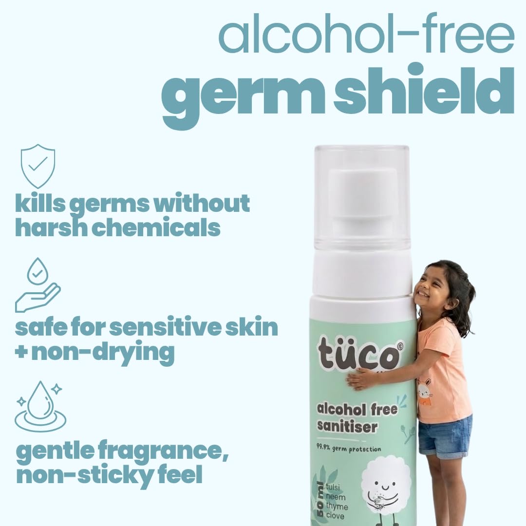 TöÜo alcohol-free sanitizer bottle with child holding it, surrounded by product features on a light blue background.