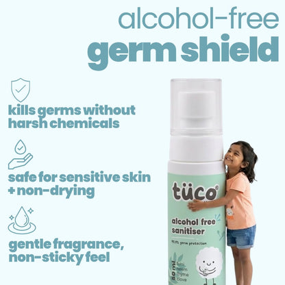TöÜo alcohol-free sanitizer bottle with child holding it, surrounded by product features on a light blue background.