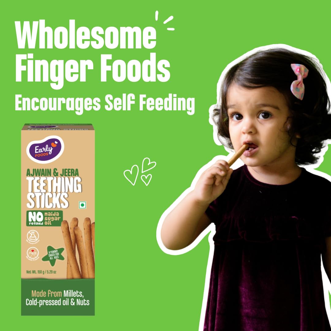 Early Foods - No Refined Sugar No Maida Ajwain Teething Sticks | 100% Whole Wheat Teething Snacks | Food Teether | Sweetened with Jaggery 150g