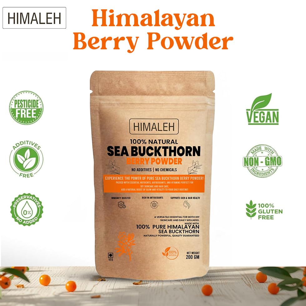 Himaleh Seabuckthorn Berries Powder 200g | Rich in Vitamin C | No oil | Edible | Fiber, Omegas | Dry Sea buckthorn Himalayan Berry Powder | Pack of 1