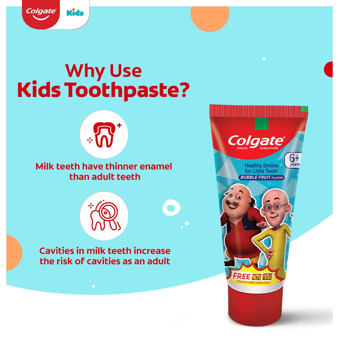 Colgate Kids Toothpaste For 6+ Years, Motu Patlu, Bubble Fruit Flavour, Gentle Protection Tooth Paste With 50% Lesser Abrasive Formula For Protecting Against Cavities, Enamel Protection, 80G