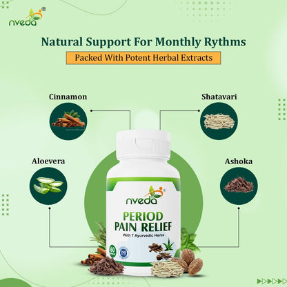 Nveda Natural Menstrual/Period Pain Relief with 7 Ayurvedic Herbs, Helps to Reduce Menstrual/Period Cramps & Pain, Relieves Stress & Anxiety, Irritability & Increases Energy for Women - 60 Capsules