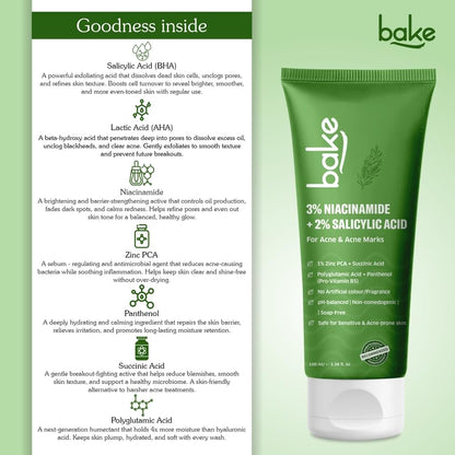 BAKE 2% Salicylic Acid & 3% Niacinamide Face Wash for Oily, Acne-Prone Skin | Treats Active Breakouts & Fades Marks & Dark Spots | Daily Anti-Acne Cleanser - 100ml