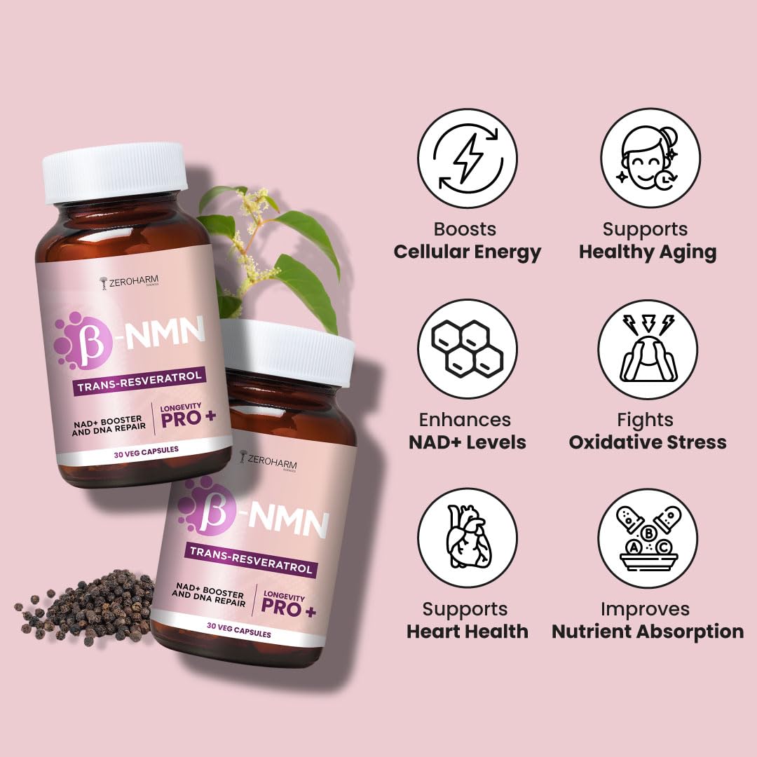 ZEROHARM NMN + Trans-Resveratrol 500 mg | High-Purity 99.5% NMN | Supports Healthy Aging, Cellular Energy, NAD+ Levels, Skin Health, Joint Support, Antioxidant | For Men & Women - 30 Veg Capsules