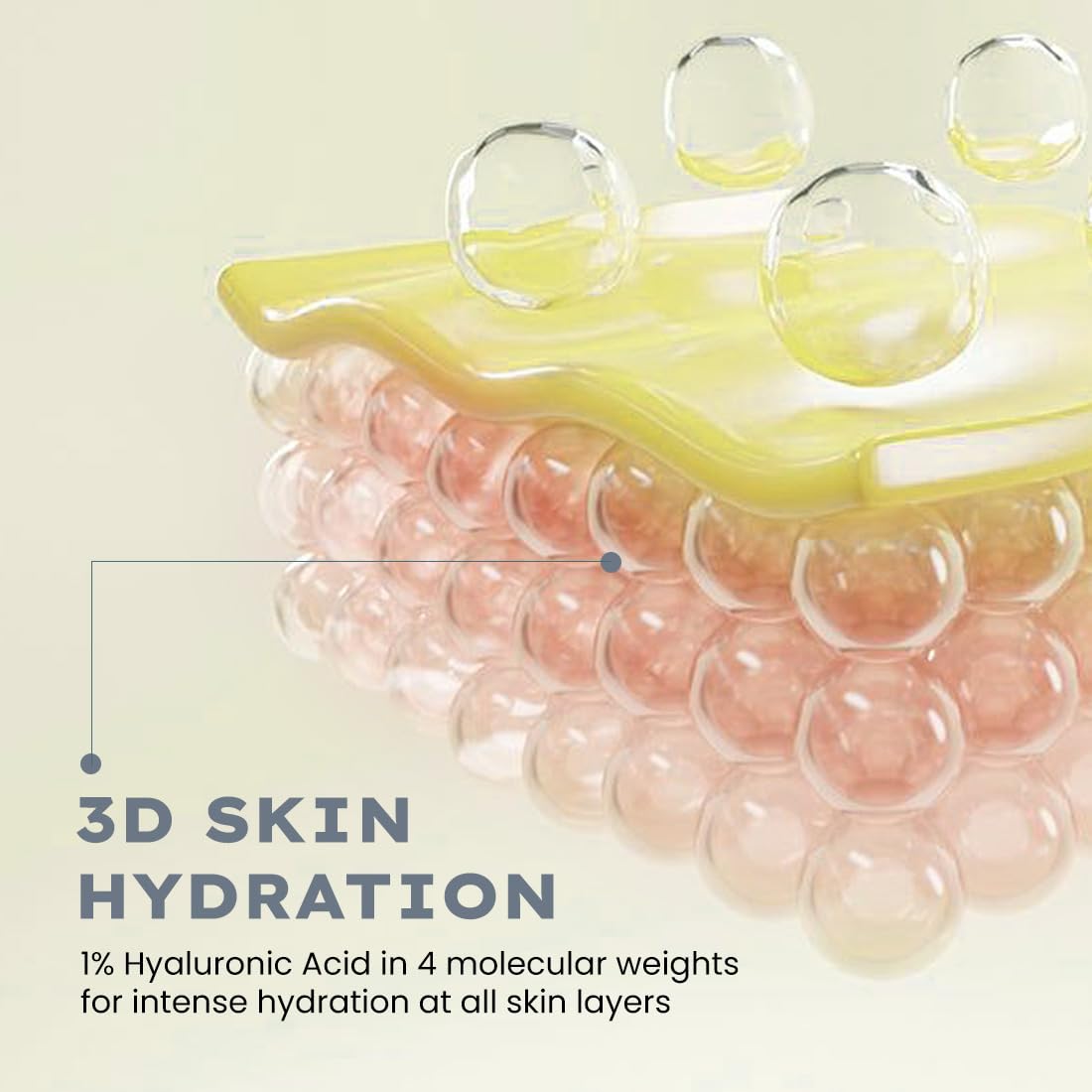 Illustration of 3D skin hydration with hyaluronic acid molecules on a light green background.