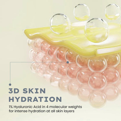 Illustration of 3D skin hydration with hyaluronic acid molecules on a light green background.