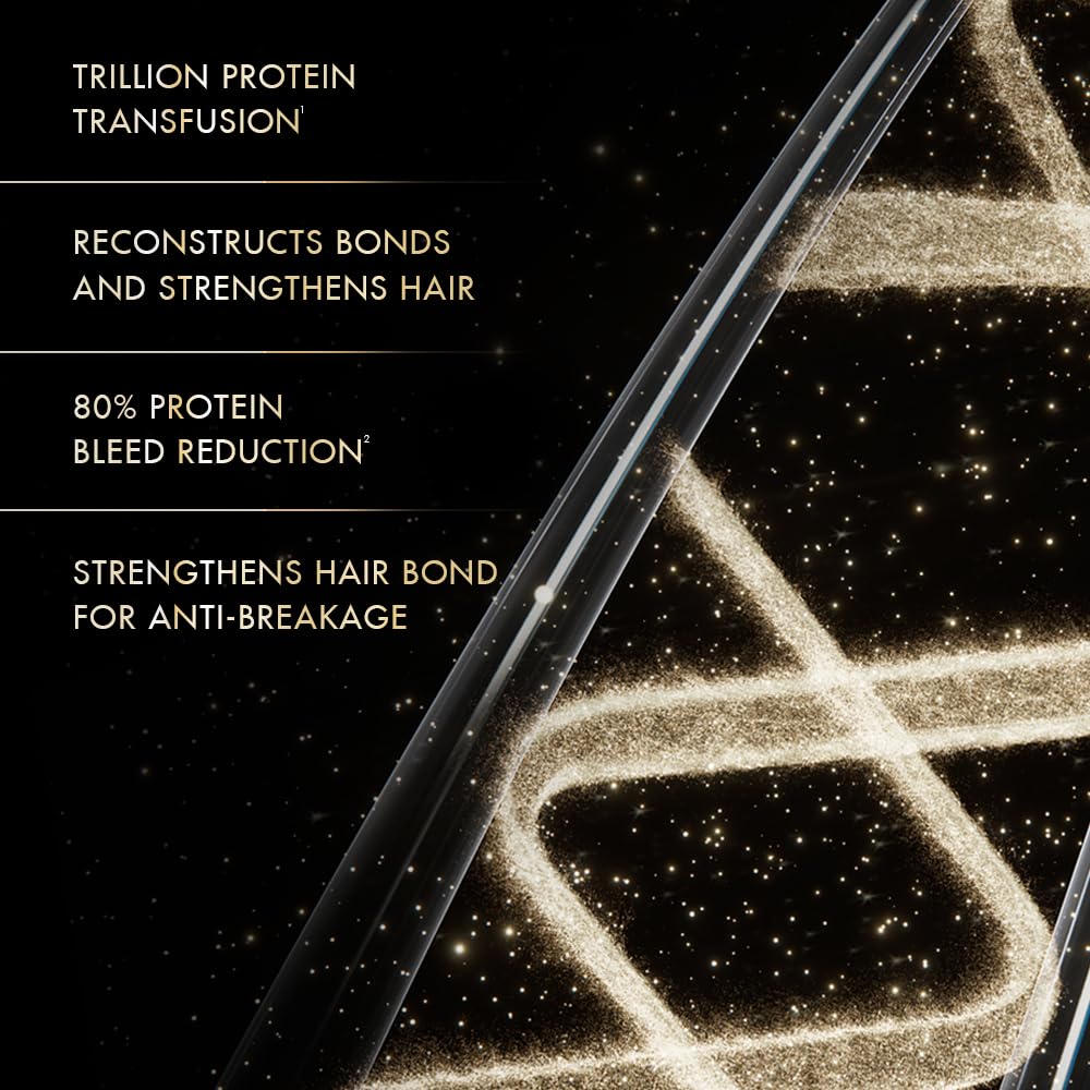 Hair product packaging with text highlighting protein content and hair benefits on a black background.