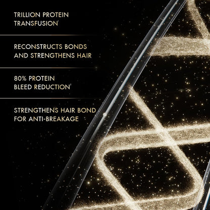 Hair product packaging with text highlighting protein content and hair benefits on a black background.