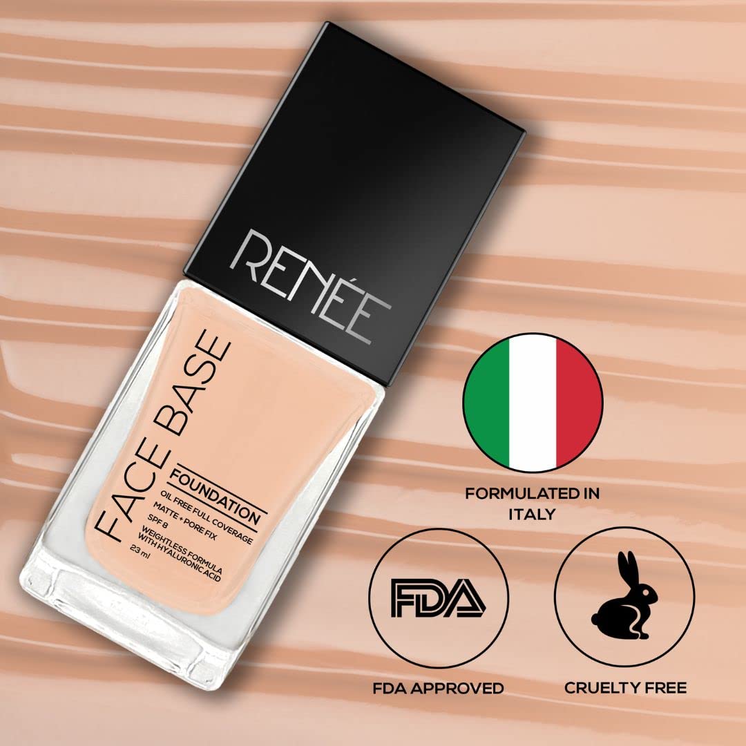 RENEE Face Base Liquid Foundation - Chai Tea, 23ml | Enriched with Hyaluronic Acid & Vitamin E, Provides SPF 8 Protection, Weightless, Long-lasting Matte Finish