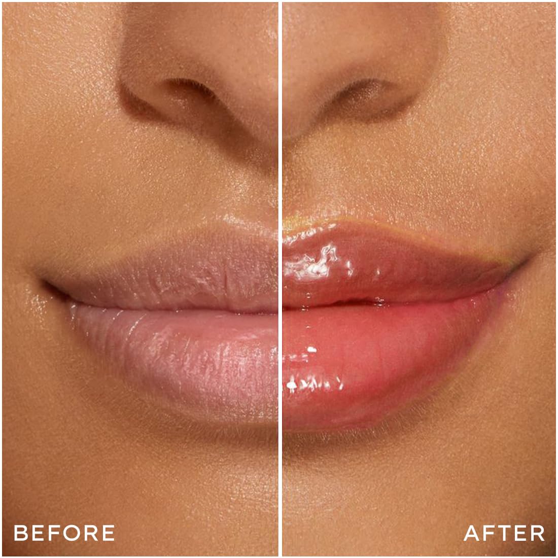 Before and after comparison of lips with a glossy lip product.