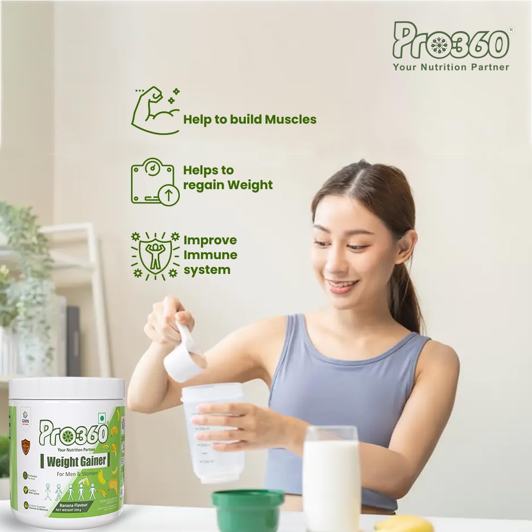 Pro360 Weight Gainer High Protein Powder - Calorie Rich Complete Nutritional Supplement - Triple Protein Source with 25 Vital Nutrients for Unisex - 250 grams (Banana)