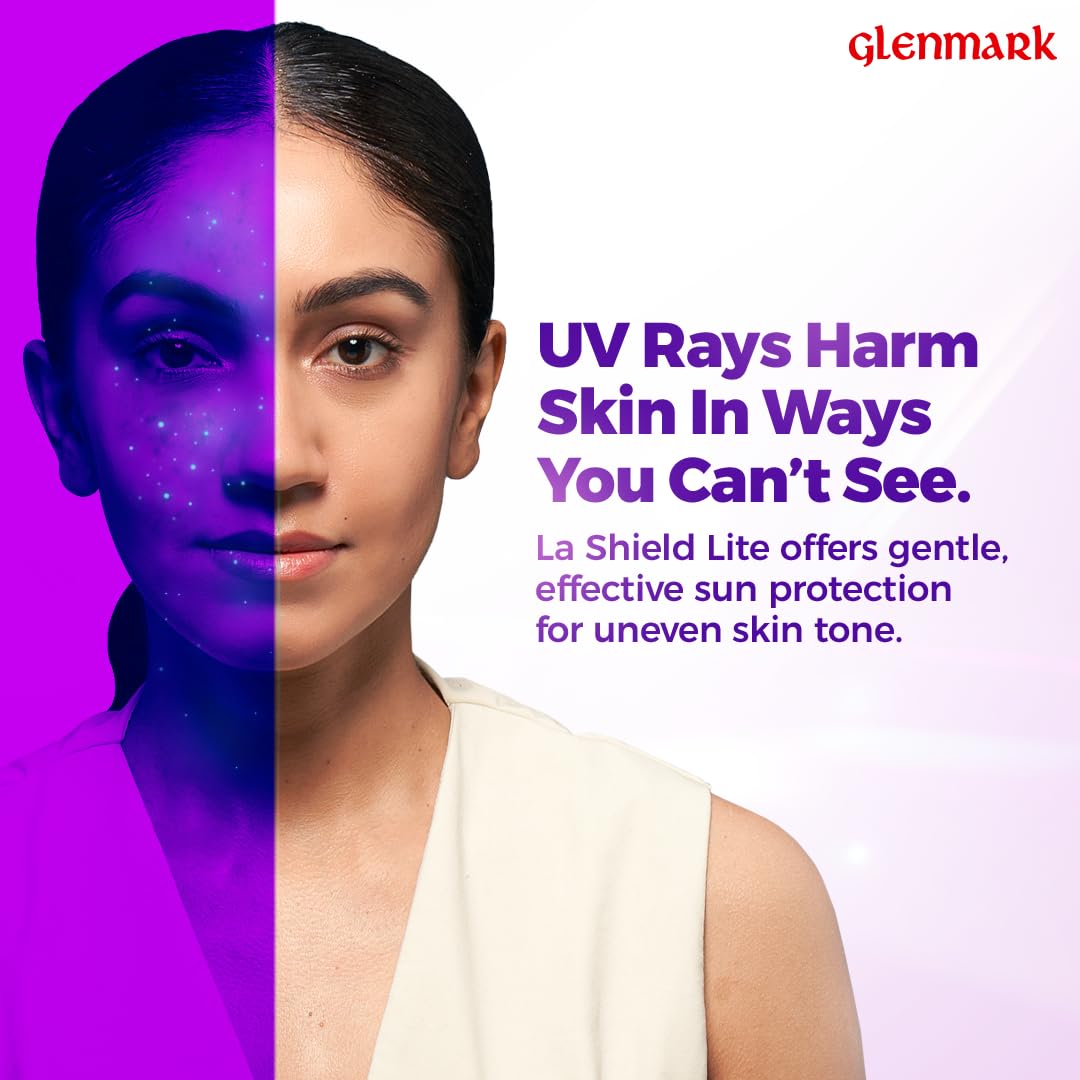 Advertisement for Glenmark's La Shield Lite sun protection product with a split-face design showing UV damage on one side.