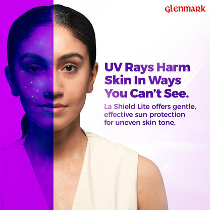 Advertisement for Glenmark's La Shield Lite sun protection product with a split-face design showing UV damage on one side.