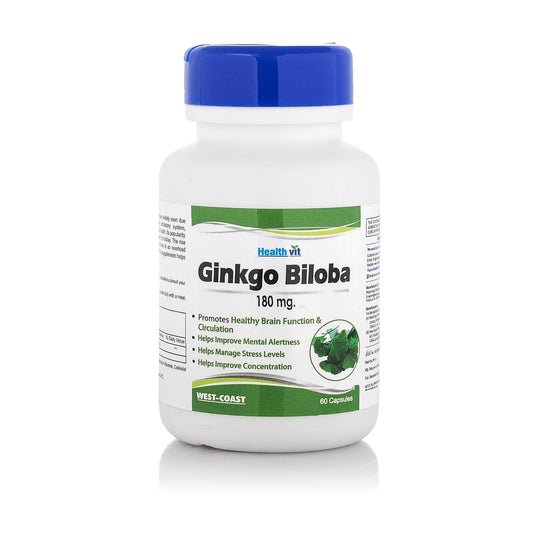 Bottle of Healthvit Ginkgo Biloba 180 mg capsules on a white background