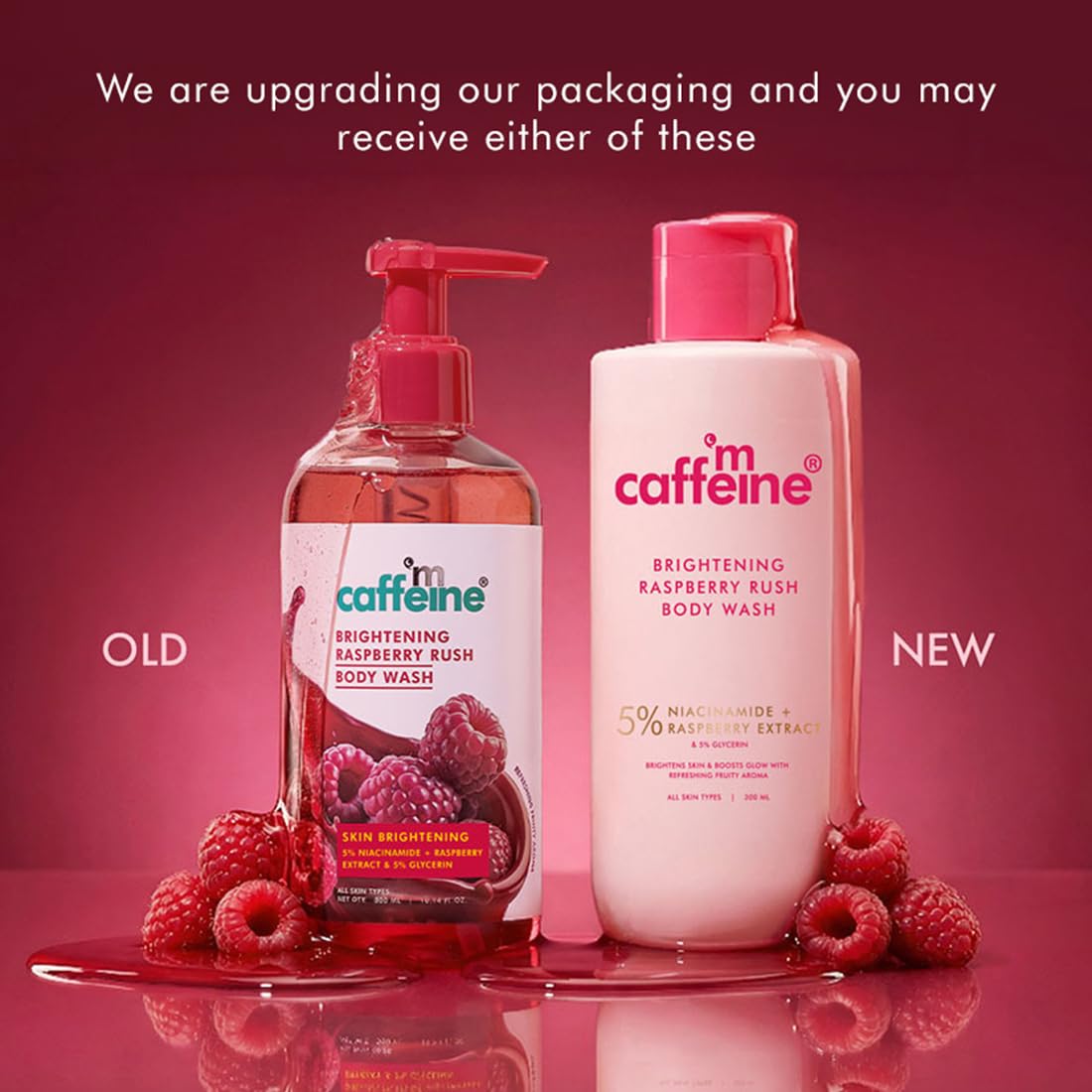 mCaffeine Brightening Body Wash - 5% Niacinamide & Raspberry | Summer Body Wash for Dry Skin | Vitamin C & Glycerin Hydration | Boosts Glow, Deep Cleanses & Softens Skin | Fruity Shower Gel - 300ml