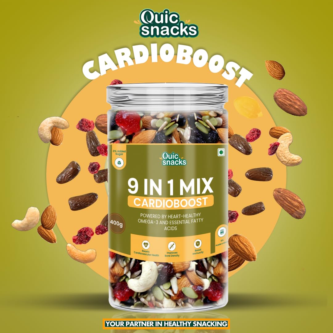 QuicSnacks 9-in-1 Cardioboost Seed Mix | Omega-3 Rich Trail Mix | Crunchy & Flavorful Snack | Healthy Nuts & Dry Fruits for Heart Health & Circulation