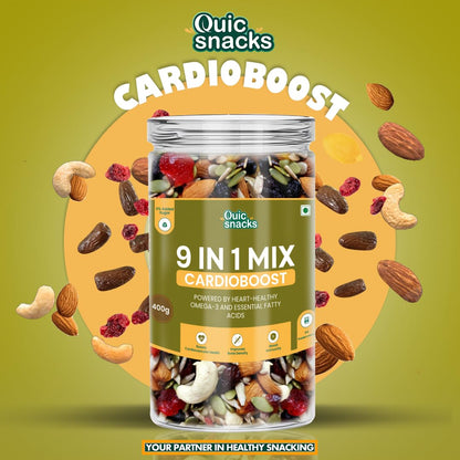 QuicSnacks 9-in-1 Cardioboost Seed Mix | Omega-3 Rich Trail Mix | Crunchy & Flavorful Snack | Healthy Nuts & Dry Fruits for Heart Health & Circulation