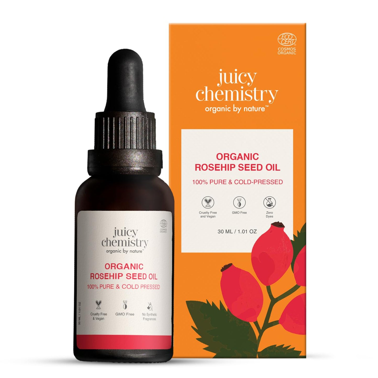 Juicy Chemistry 100% Pure & Certified Organic Rosehip Seed Oil, 30ml | Cold-Pressed & Therapeutic Grade | Fades Scars & Pigmentation | Brightens Skin Tone | Hydrating | Boosts Collagen | Anti Ageing | Dermatologically Tested