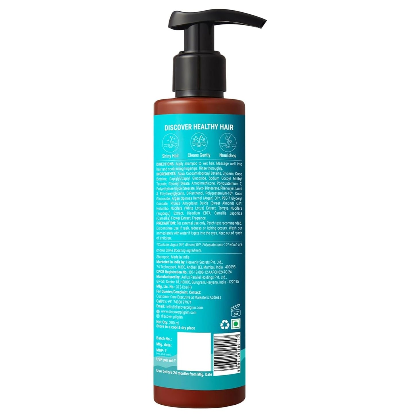 Pilgrim Mild Sulphate Free Shampoo (Argan Oil) For Dry Frizzy Hair, Men and Women, No Sulphate No Paraben, Korean Beauty Secrets (Shampoo), 200ml
