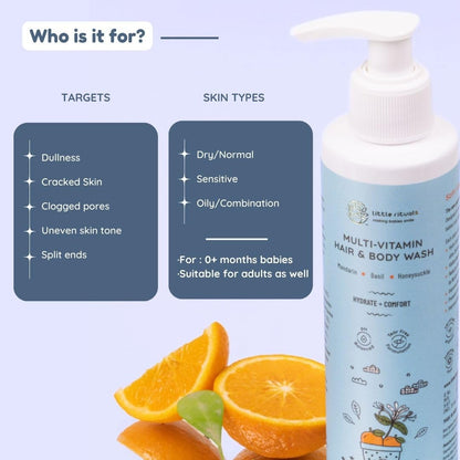 Little Rituals Baby Multi-Vitamin Body & Hair Wash - Tear Free + pH 5.5. Formulated with the best plant botanical - HONEYSUCKLE, BASIL, MANDARIN. Natural, Organic, Dermat tested, SWISS Technology (200ml)