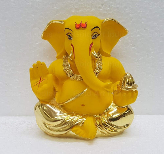 Gold Art India Gold Plated Polyresin Appu Ganesha Mango Ganesh Idol for Car Dashboard Small Ganesha Murti Ganpati Idol for Home Decor Puja Lord Ganesh Statue Gift for Office Desk Puja Room Figurine