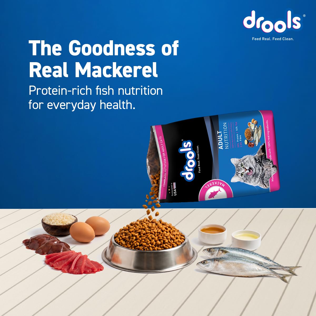 Drools Adult Dry Cat Food 1.2kg Pack | Mackerel Flavour | Enriched with Essential Nutrients | Supports Skin & Coat | Complete Nutrition | Aids Digestion | Promotes Growth