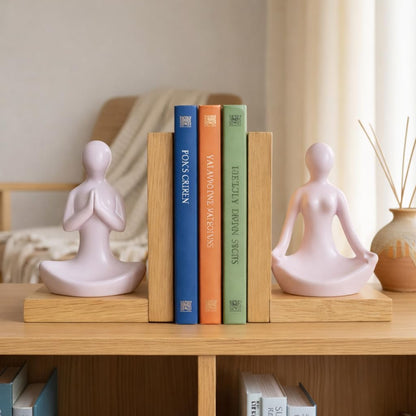 eCraftIndia Wooden Book End and Yoga Lady Statues Decorative Showpiece for Home Decor in Living Room Office