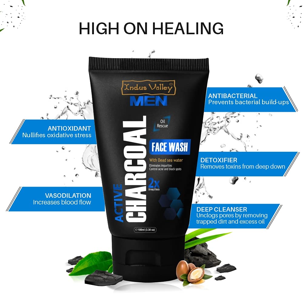 Indus Valley Men Active Charcoal Face Wash tube with benefits listed on a white background