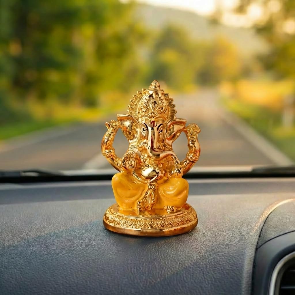 Gold Plated Ganesh Idol | Ganpati Murti for Car Dashboard, Office Desk, Hindu God Gift & Home Decor - Resin (Gold & Yellow)