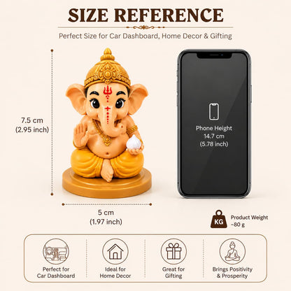 VASPAR Baby Ganesha Idol Cute Ganpati Figurine with modak Hindu God Statue for Car Dashboard, Pooja Room & Home Decor | Premium Finish Spiritual Gift Golden & White Yellow