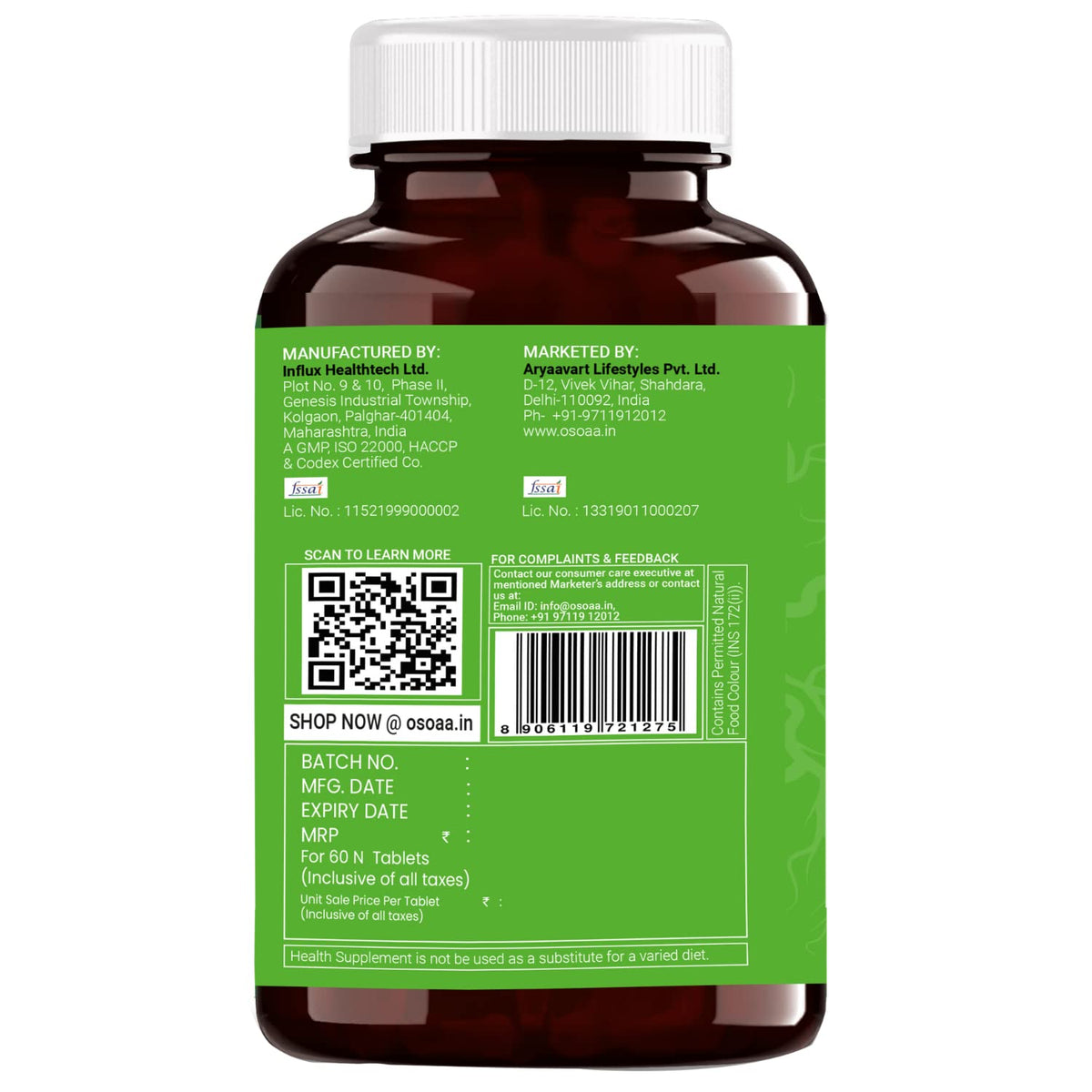 Bottle label with green background and white text on a white background