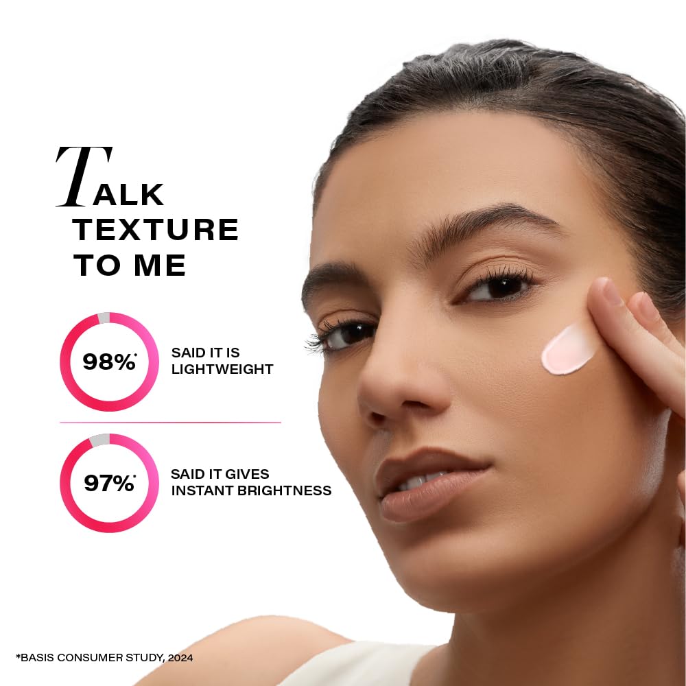 Woman applying cream to her face with text about product texture and consumer feedback.
