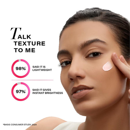 Woman applying cream to her face with text about product texture and consumer feedback.