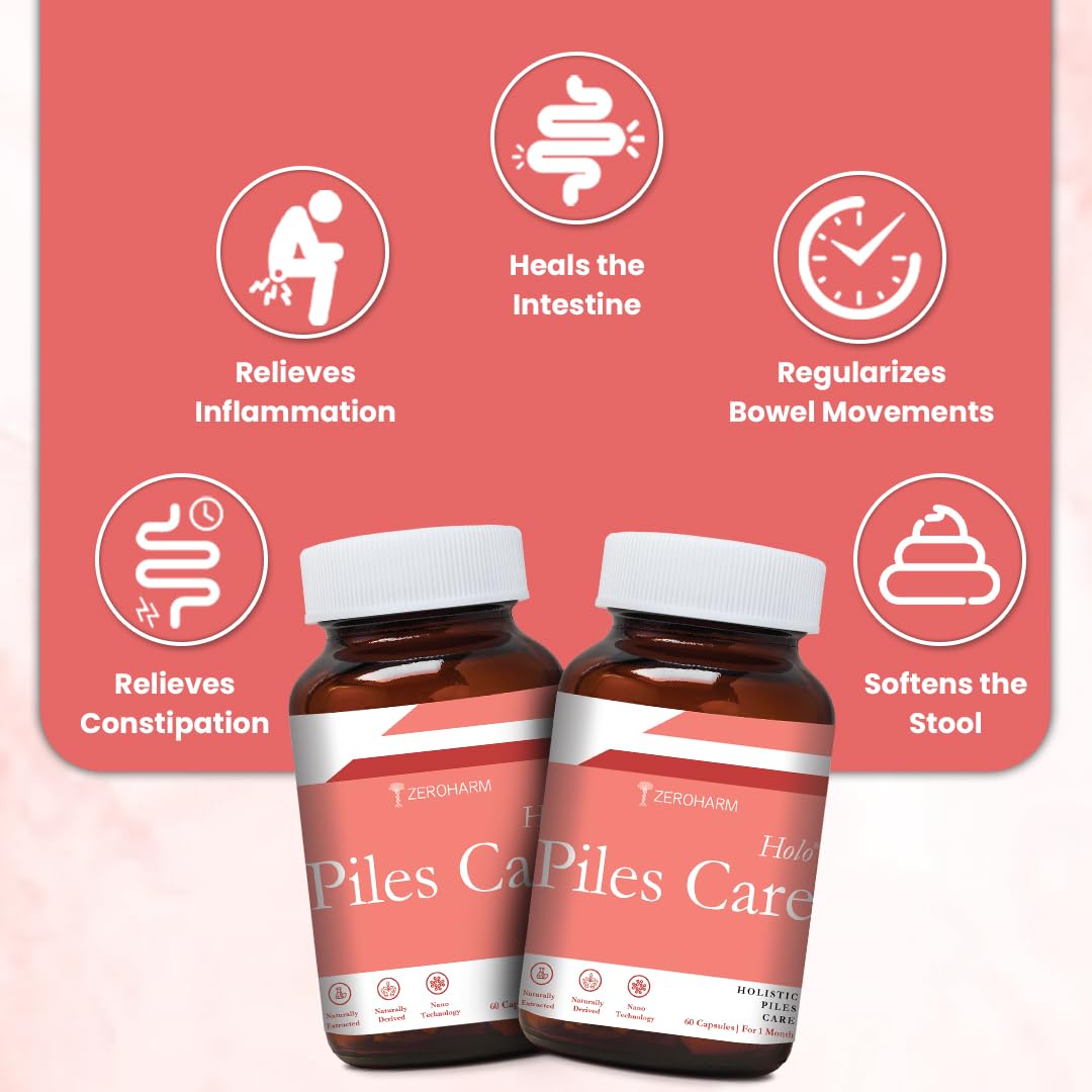 ZEROHARM Holo Piles Care Capsules | Vein Health & Hemorrhoid Relief | Reduces Swelling & Eases Discomfort | 60 Veg Capsules (1 Pack)