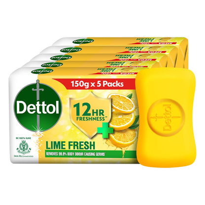Dettol Lime Fresh (Lime Cool) Bathing Soap Bar with 12hr Freshness (750gm) |Long Lasting Freshness, 150gm Pack of 5