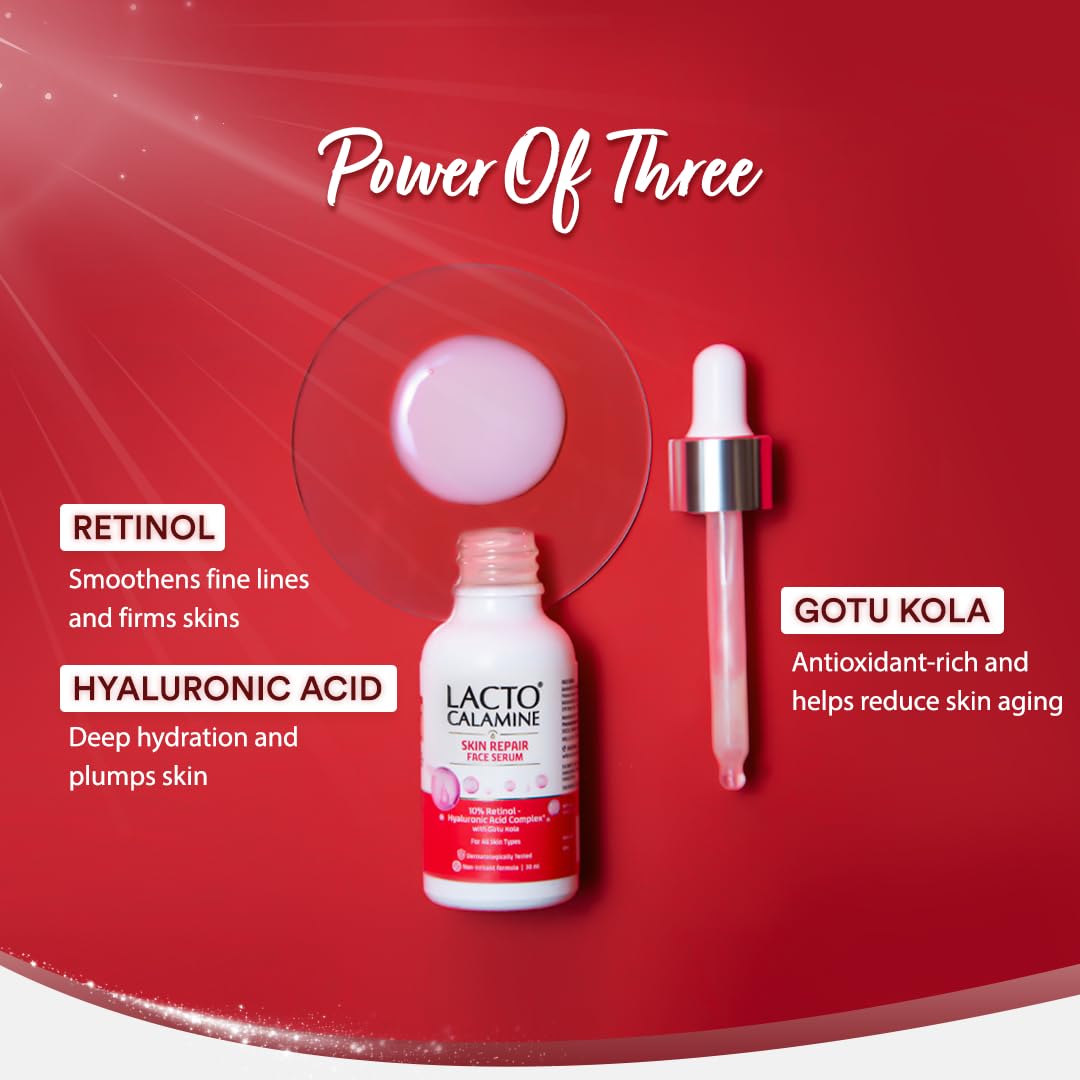 Lacto Calamine Skin Repair Retinol Face Serum | 30ml | 10% Retinol + Hyaluronic Acid Serum for Face | Gotu Kola | Oily Skin | Dermatologically Tested