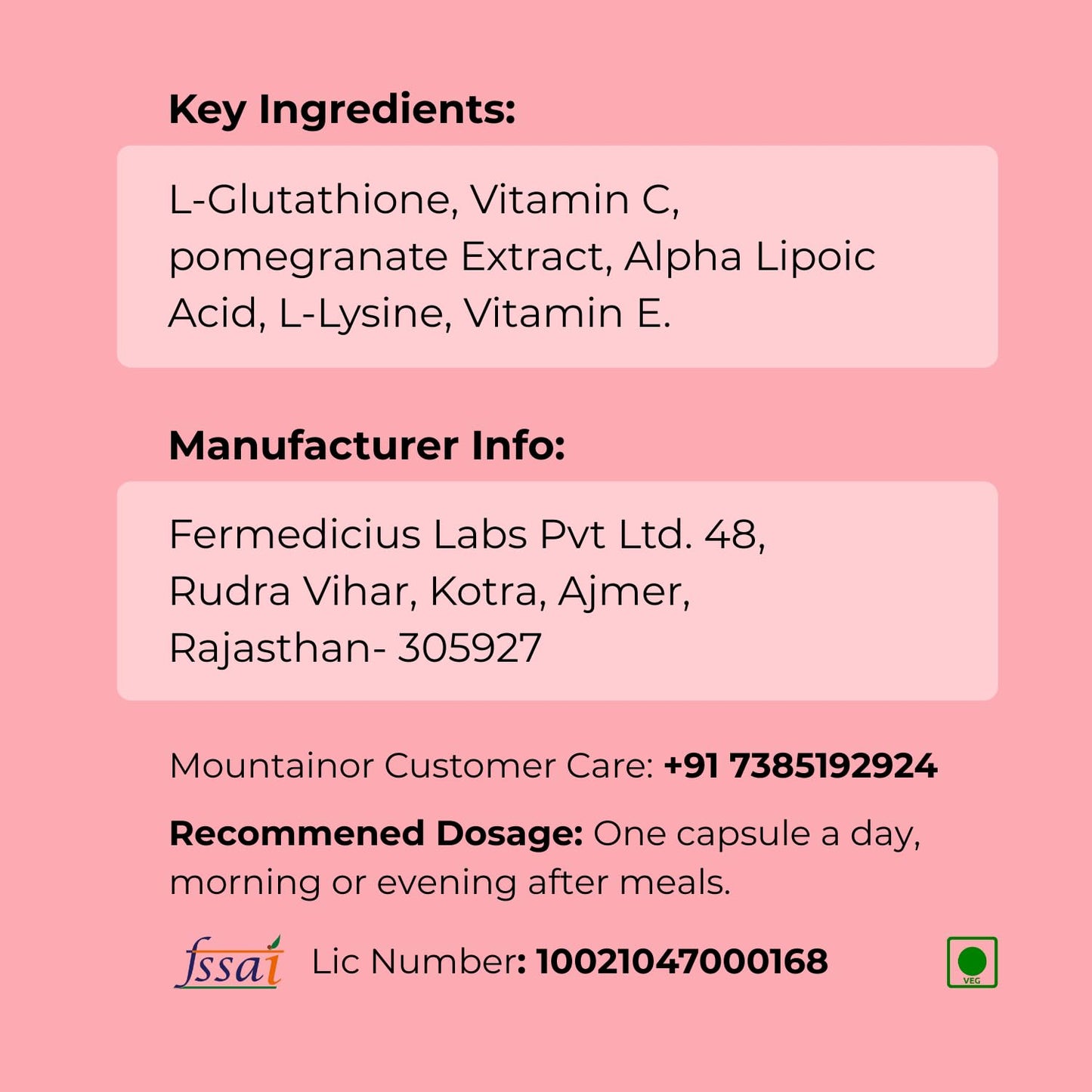 Product label with key ingredients, manufacturer information, and dosage instructions on a pink background.