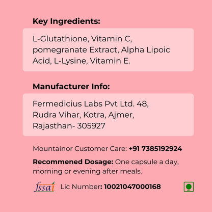 Product label with key ingredients, manufacturer information, and dosage instructions on a pink background.