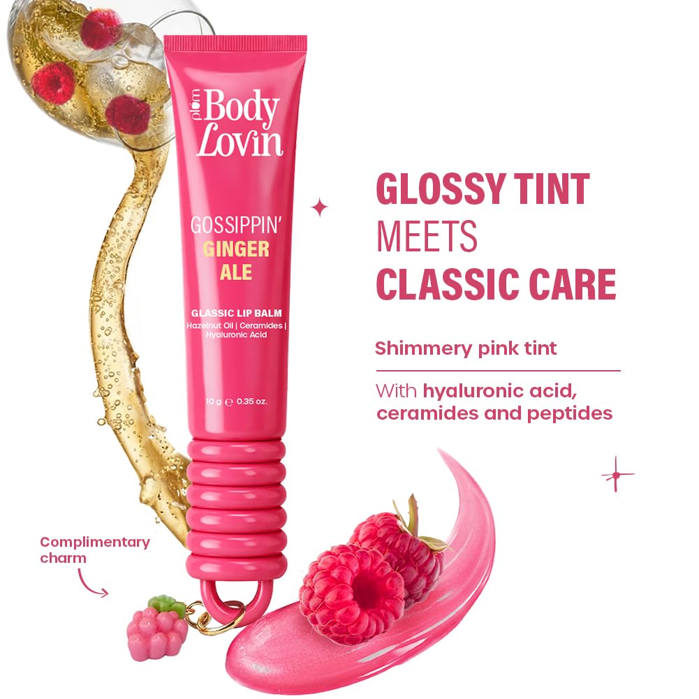 Plum BodyLovin’ Gossippin’ Ginger Ale Glassic Lip Balm | Coral Pink Shimmer Gloss Tint | Hydrating Lip Balm with Hazelnut Oil, Ceramides & Hyaluronic Acid | Moisturizes Dry & Chapped Lips | 10 g