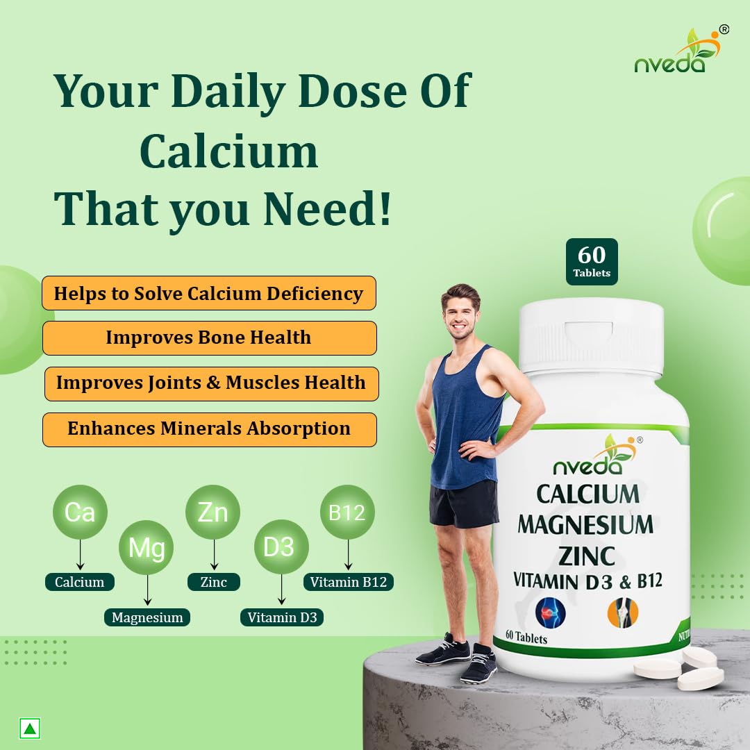 Nveda Calcium Supplement 1,000 mg with Vitamin D3, Magnesium, Zinc & Vitamin B 12 For Men & Women/For Immunity, Bone & Joint Support - 60 Tablets