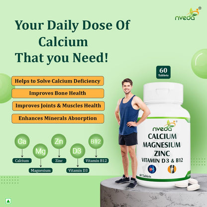 Nveda Calcium Supplement 1,000 mg with Vitamin D3, Magnesium, Zinc & Vitamin B 12 For Men & Women/For Immunity, Bone & Joint Support - 60 Tablets