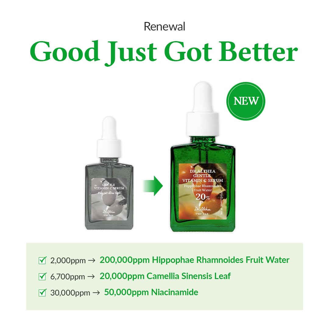 Two skincare serum bottles with text indicating product improvement and new features.