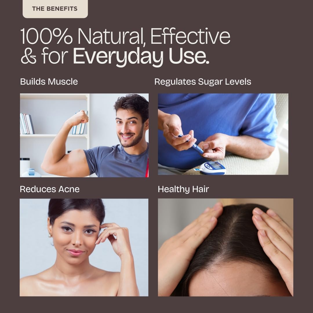 Advertisement highlighting the benefits of a product for muscle building, blood sugar regulation, acne reduction, and hair health.