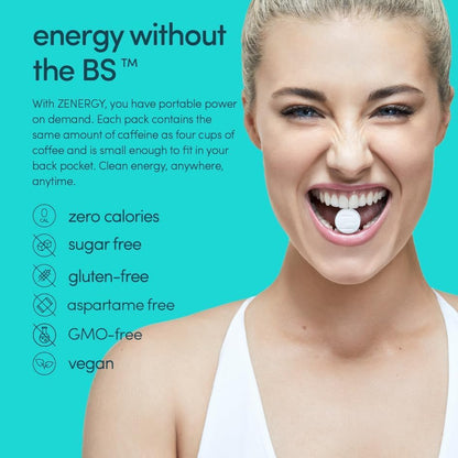 ZENERGY Energy Gum - Mint Flavor | 50mg Caffeine + 35% B6 and 45% B12 Vitamin | Vegan, 0 Sugar, 0 Calories, 0 Gluten, 0 Aspartame, Non-GMO, Instant Action | 1 Pack = 8 Count