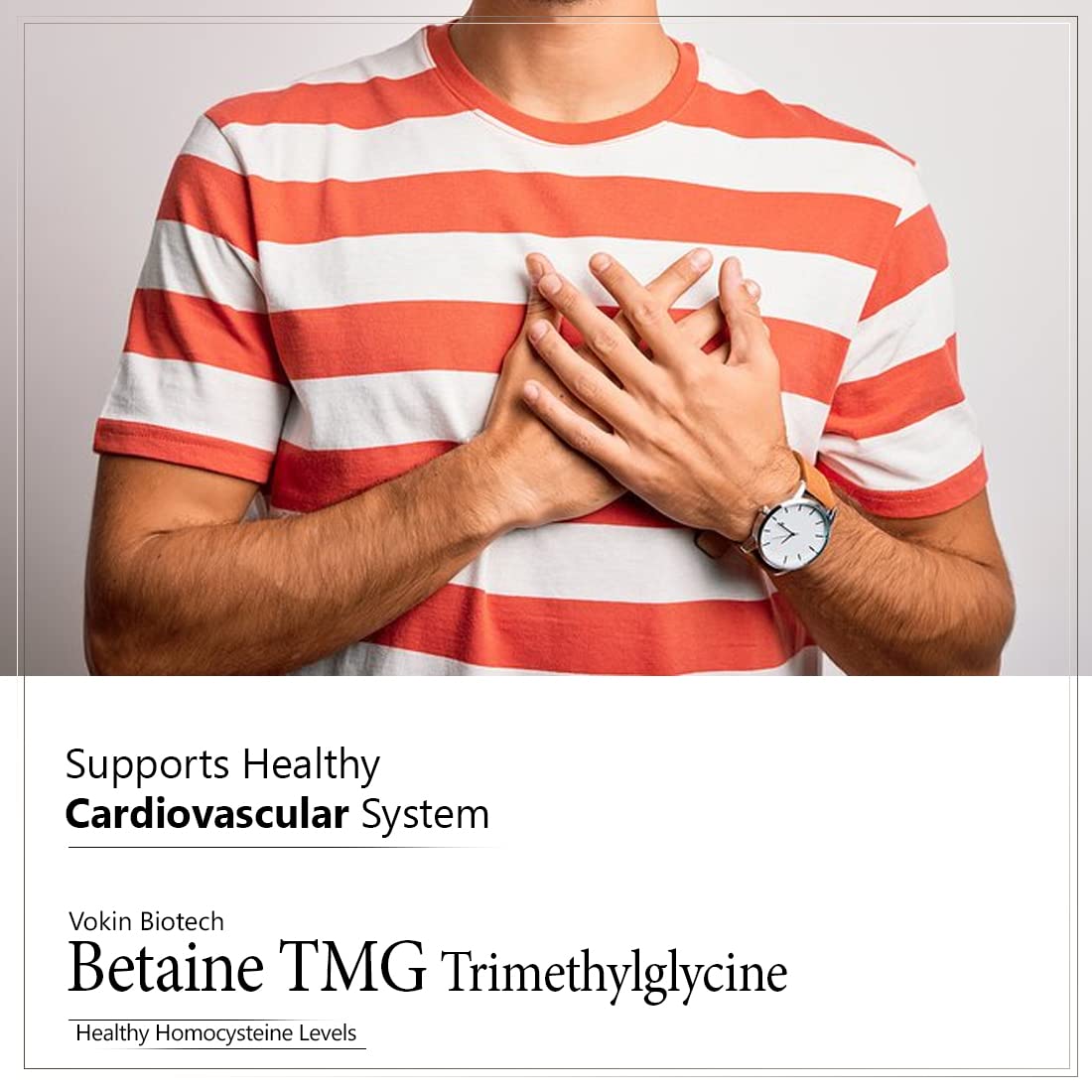 Person wearing a red and white striped shirt with text about Betaine TMG Trimethylglycine on a gray background